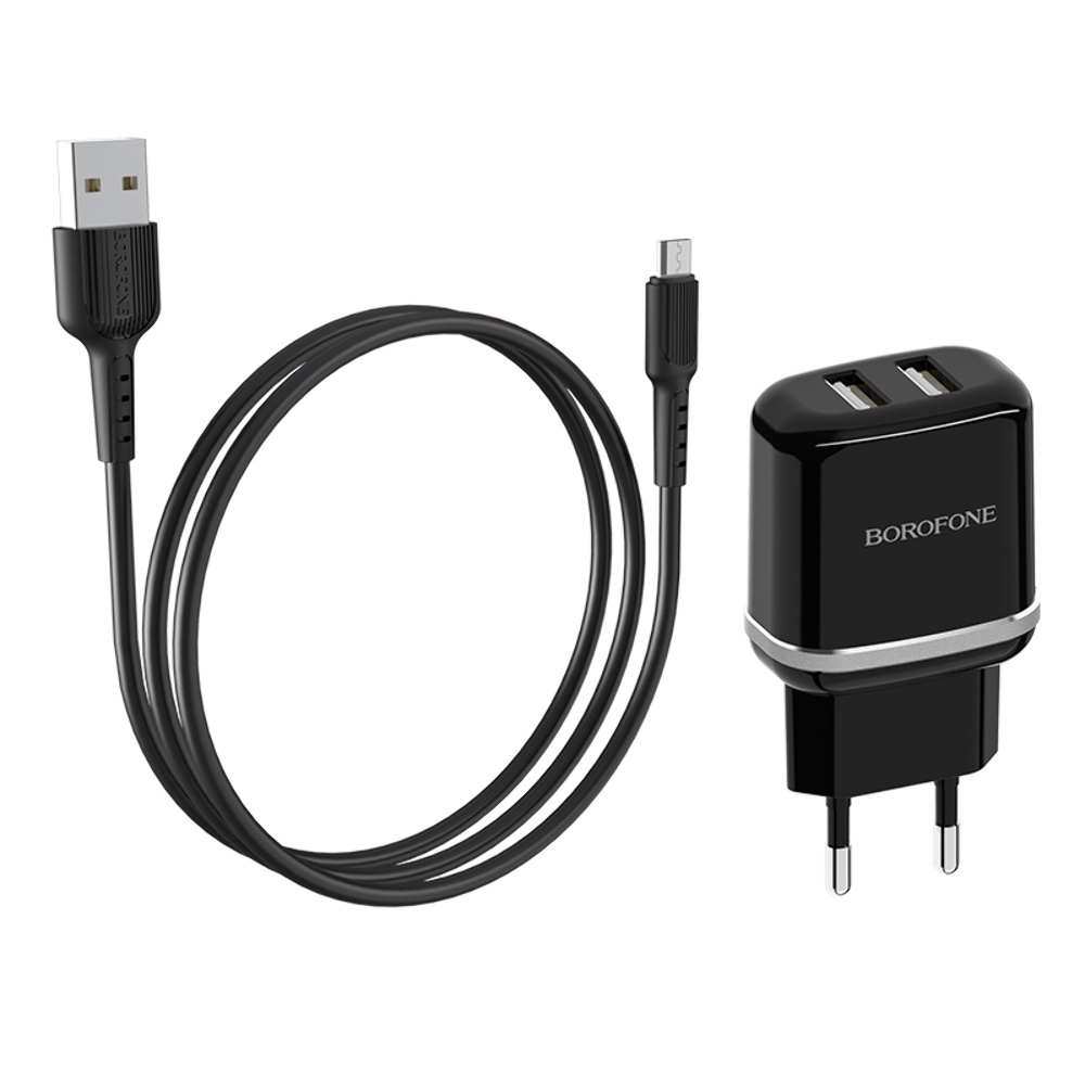 Мережевий зарядний пристрій Borofone BA25A 2 USB чорний + кабель USB to MicroUSB