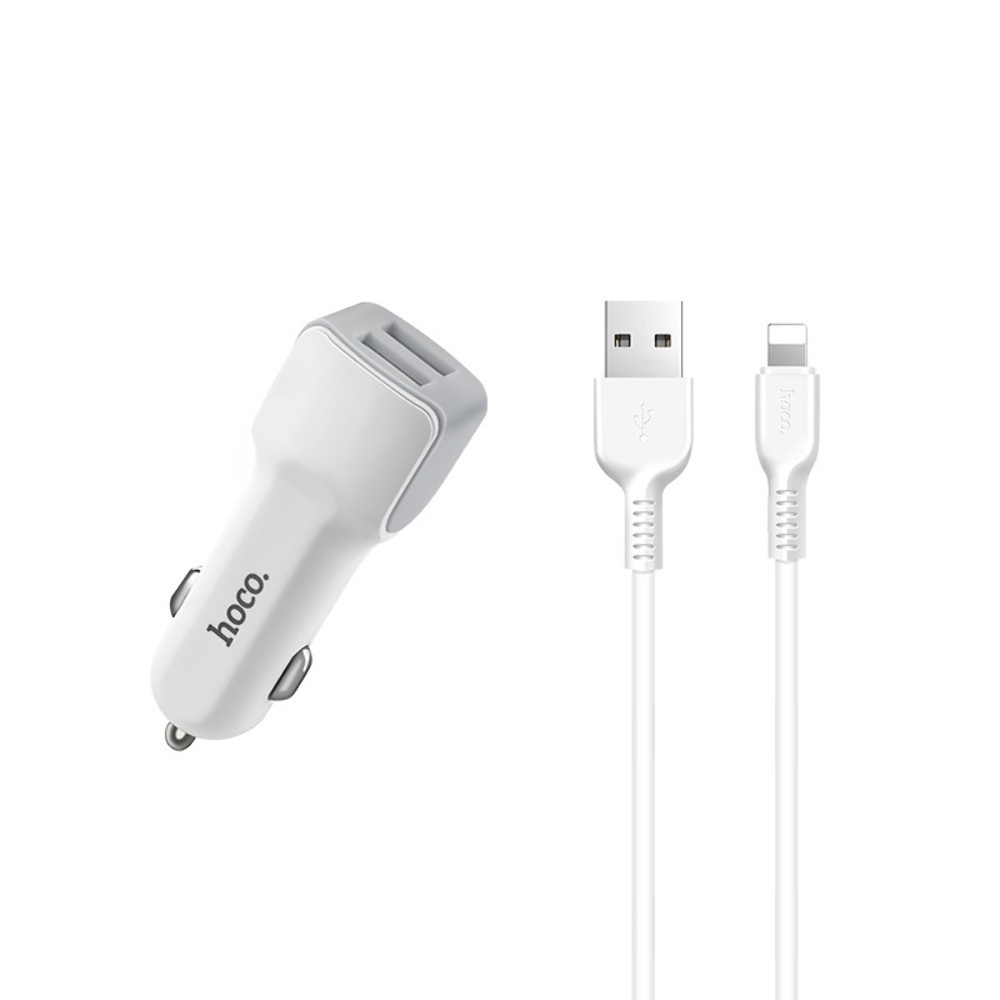 Автомобільний зарядний пристрій Hoco Z23 2 USB білий + кабель USB to Lightning