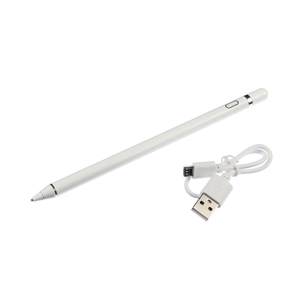 Стілус ємнісний, високоточний, активний, з вбудованою батареєю, алюмінієвий, білий, з кнопкою Увімк./ Вимк.