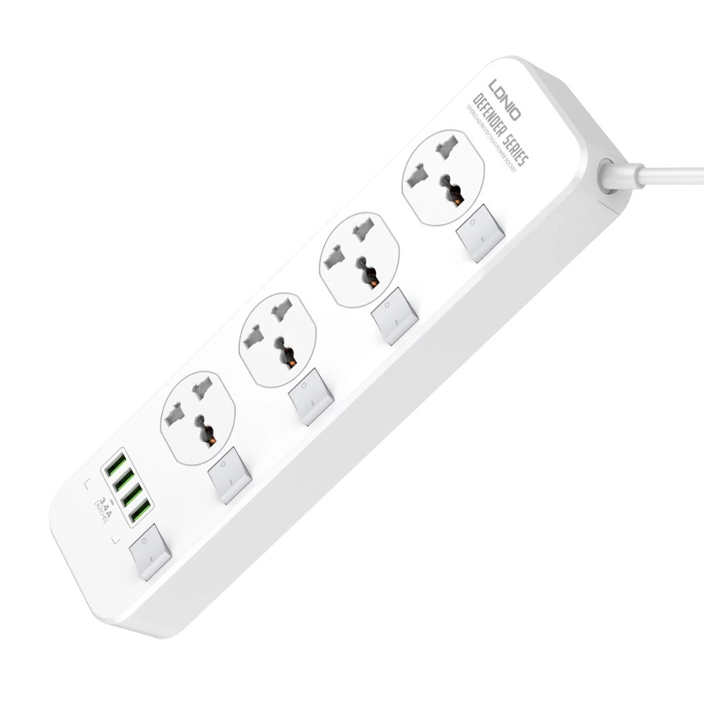 Мережевий зарядний пристрій подовжувач Ldnio SC4408EU 4 USB 4 розетки білий