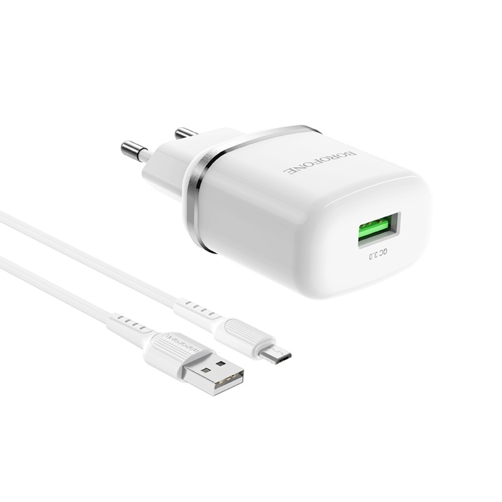 Мережевий зарядний пристрій Borofone BA36A USB QC 18W білий + кабель USB to MicroUSB