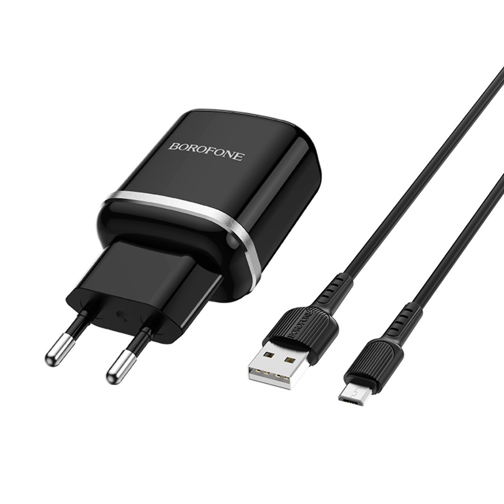 Мережевий зарядний пристрій Borofone BA36A USB QC 18W чорний + кабель USB to MicroUSB