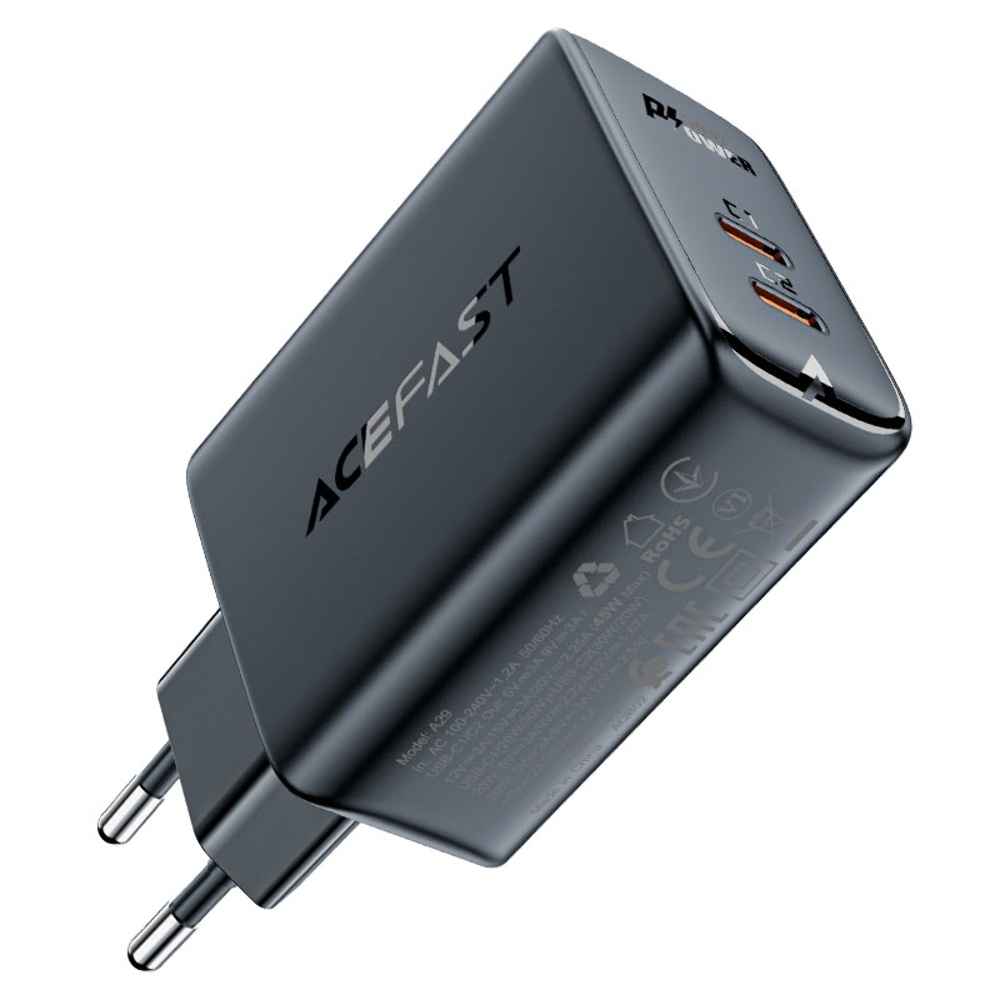 Мережевий зарядний пристрій Acefast A29 2 Type-C QC PD 50W чорний