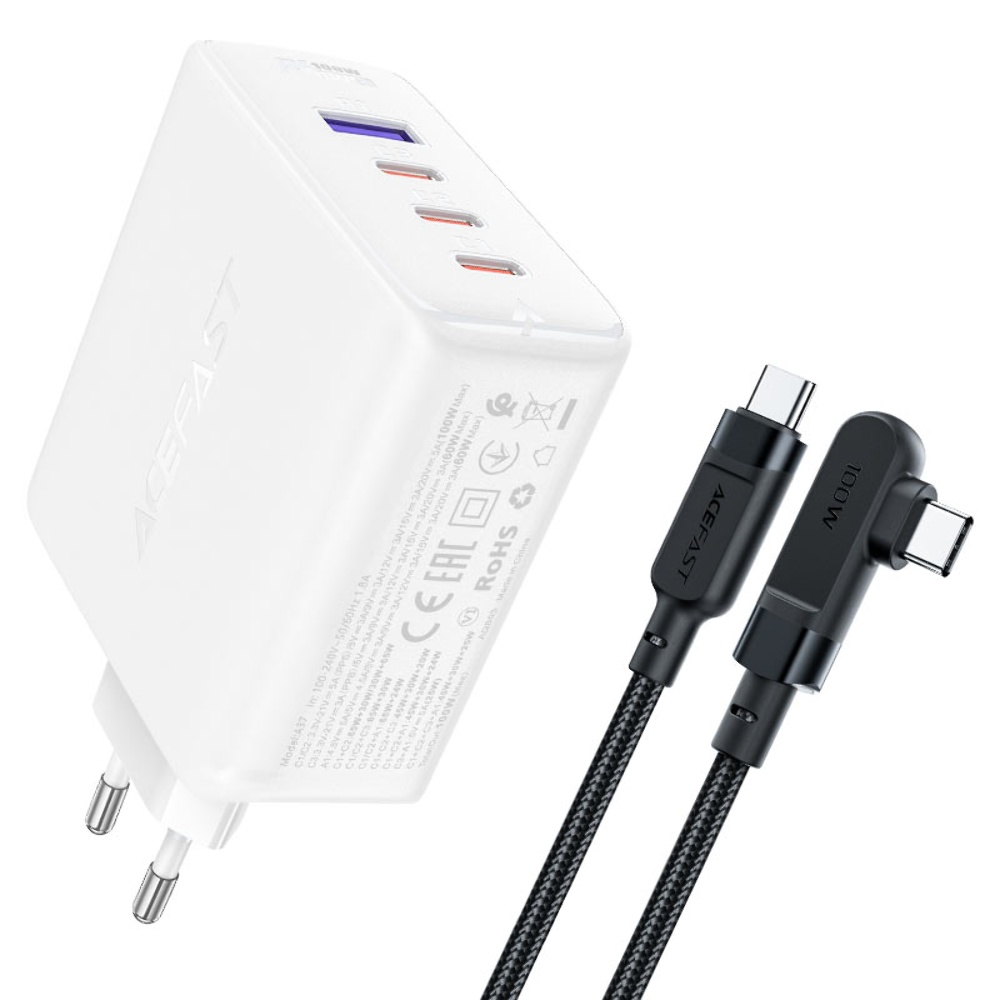 Мережевий зарядний пристрій Acefast A37 USB/ 3 Type-C QC PD 100W білий + кабель Type-C to Type-C