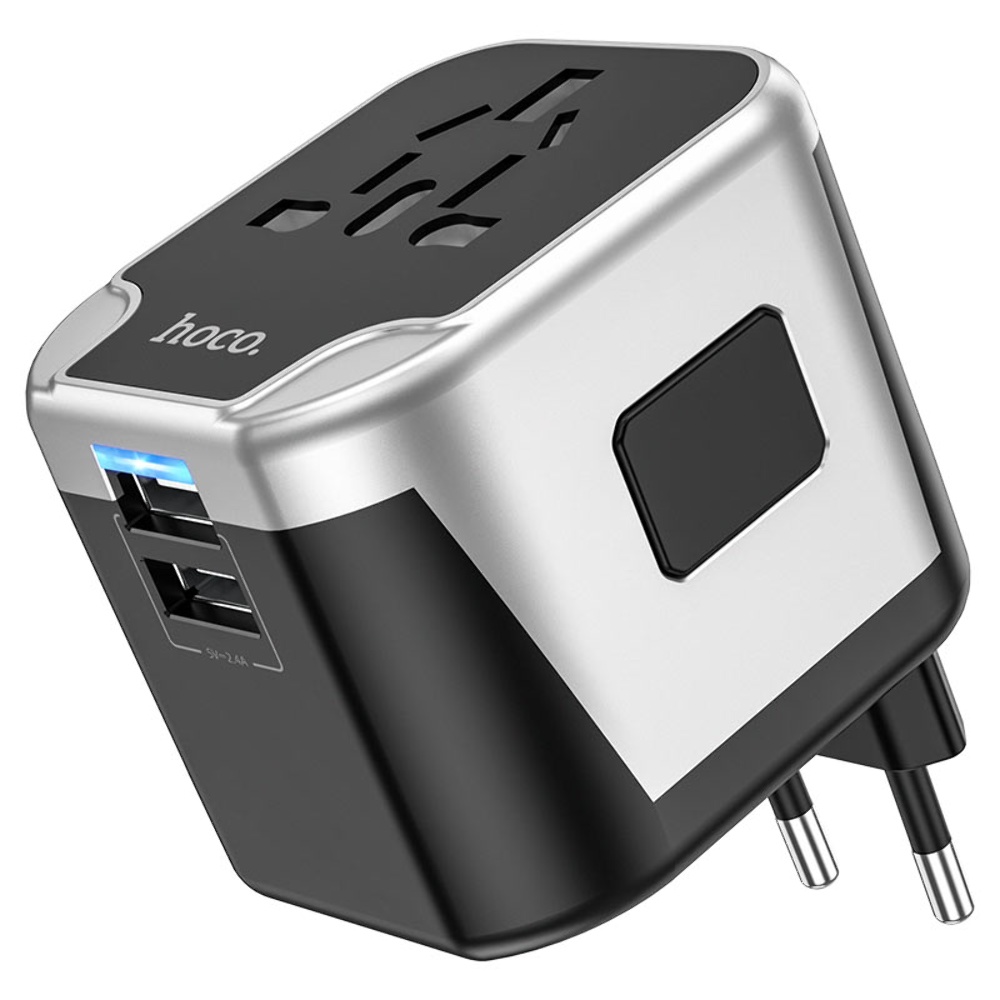 Мережевий зарядний пристрій перехідник Hoco AC5 2 USB (EU, US, UK, AUS) сріблясто-чорний