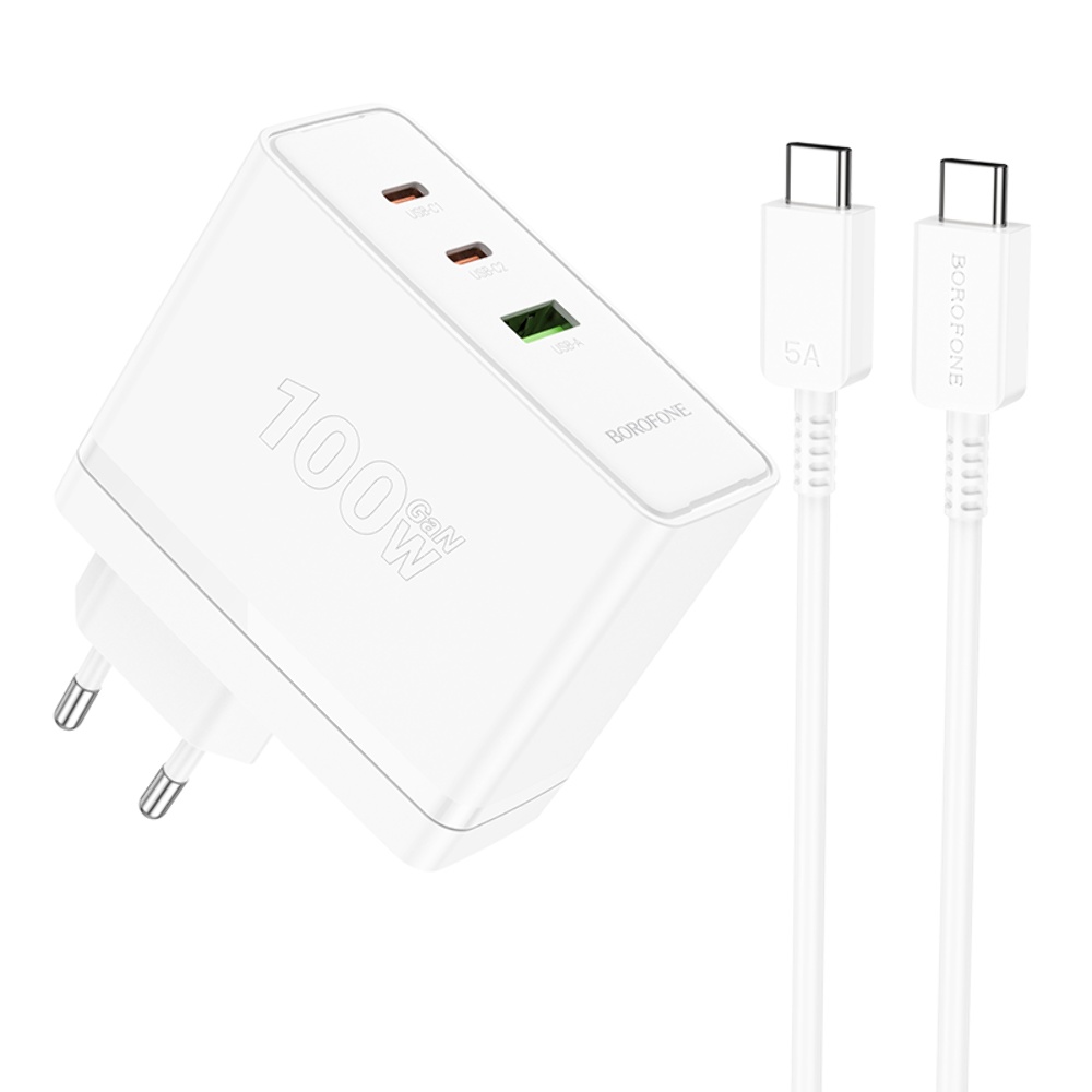 Мережевий зарядний пристрій Borofone BN11 USB/ 2 Type-C PD 100W білий + кабель Type-C to Type-C