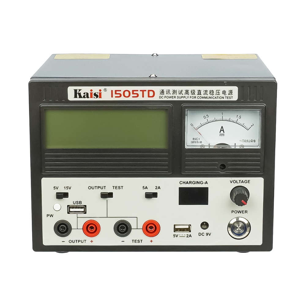 Блок питания лабораторный Kaisi 1505TD 15V, 5A, цифровая/аналоговая индикация, автовосстановление после КЗ, тестер, USB 5V/2A, DC 9V