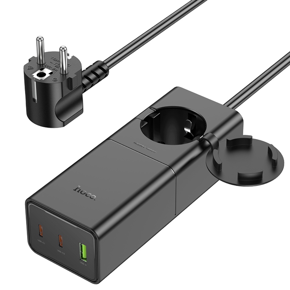 Мережевий зарядний пристрій подовжувач Hoco NS4 USB/2 Type-C PD 65W black