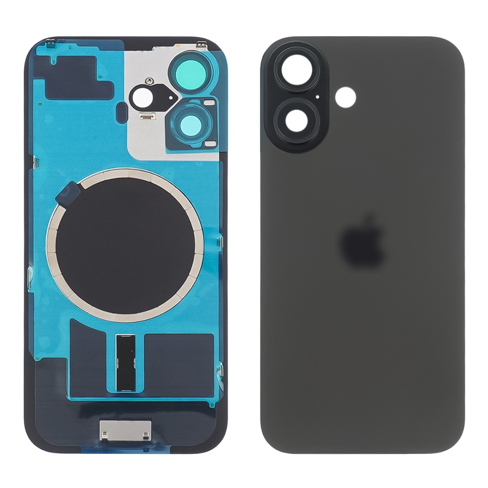 Заднее стекло корпуса для Apple iPhone 16 Plus Black (чёрное) с рамкой и стеклом камеры