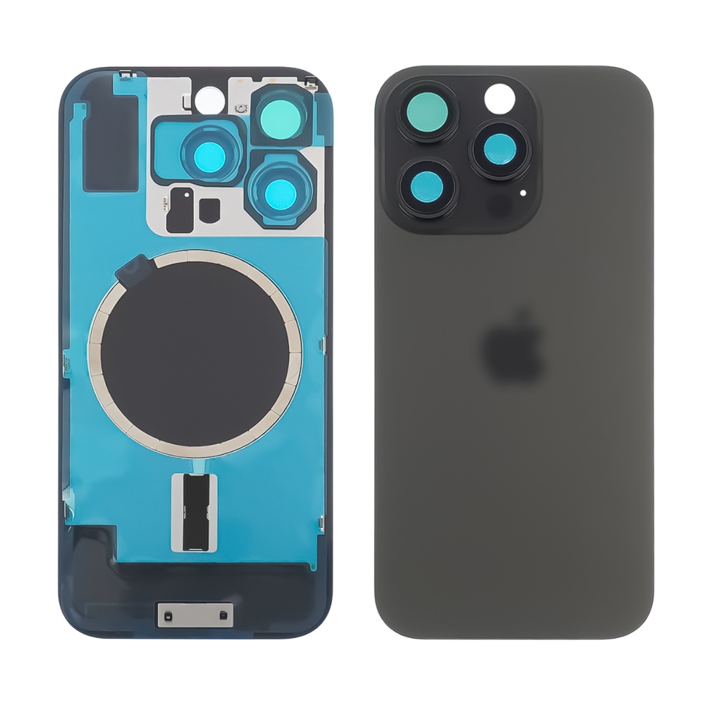 Заднее стекло корпуса для Apple iPhone 16 Pro Black Titanium (чёрное) с рамкой и стеклом камеры