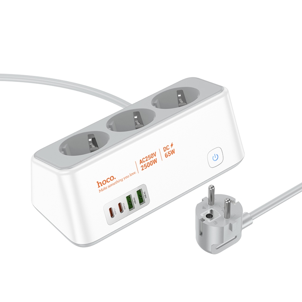 Мережевий зарядний пристрій подовжувач Hoco AC23 2 USB/2 Type-C PD 65W 3 розетки 2m white