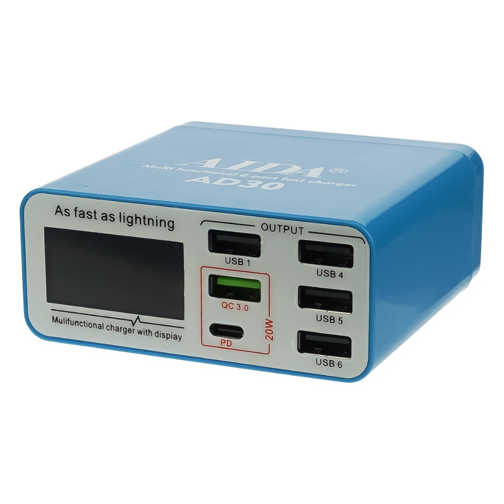 Зарядная станция с индикацией параметров зарядки Aida AD30 (5 USB/ 1 Type-C, Fast Charge 3.0, 40W)