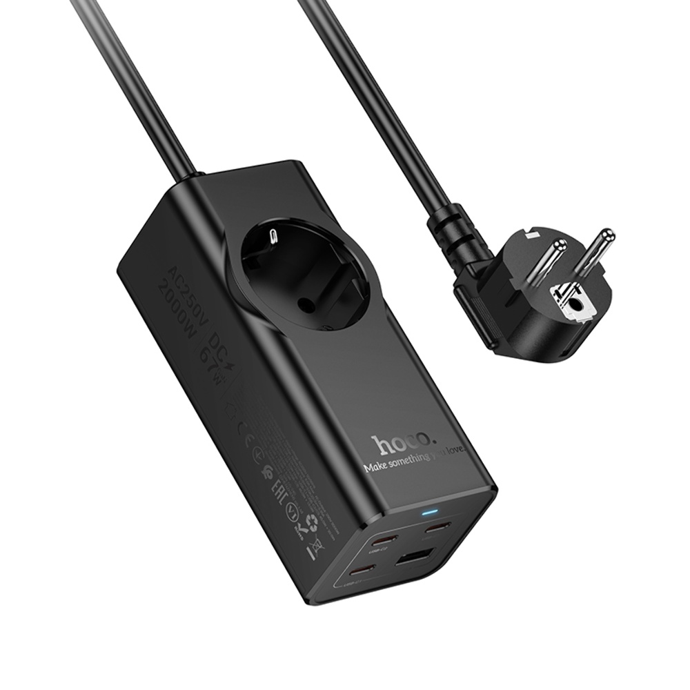 Мережевий зарядний пристрій подовжувач Hoco NS9 USB/3 Type-C PD 67W 1 розетка 2m black