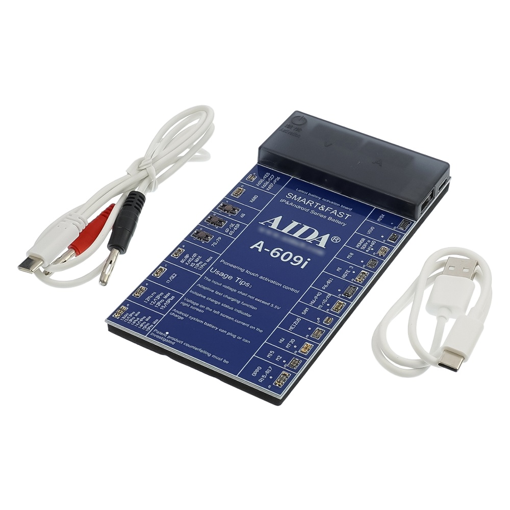 Плата активации и зарядки аккумуляторов Aida A-609i цифр. инд. (6G -15 Pro Max, HUA, OPPO, VIVO, MI, SAM, ZTE; кабели Type-C/ USB A/ штеккеры БП)