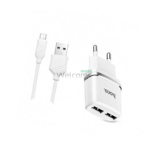 МЗП HOCO C12 Smart 2.4A 2USB + кабель Micro white