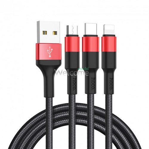 Combo кабель HOCO X26 XPress Charging 3in1 Lightning,microUSB,Type-C, 2A 1m black,red