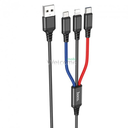 Combo кабель HOCO X76 Super charging 3in1 Lightning,microUSB,Type-C, 2A 1m black,red,blue