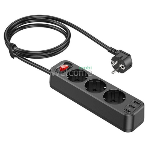 Подовжувач HOCO NS2 (3 USB/3 розетки EU) 1.8 м, чорний
