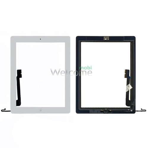 Сенсор iPad 4 со шлейфом кнопки включения и кнопкой меню (home) white (оригинал)