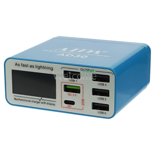 Зарядна станція з індикацією параметрів заряджання Aida AD30 (5 USB/ 1 Type-C, Fast Charge 3.0, 40W)
