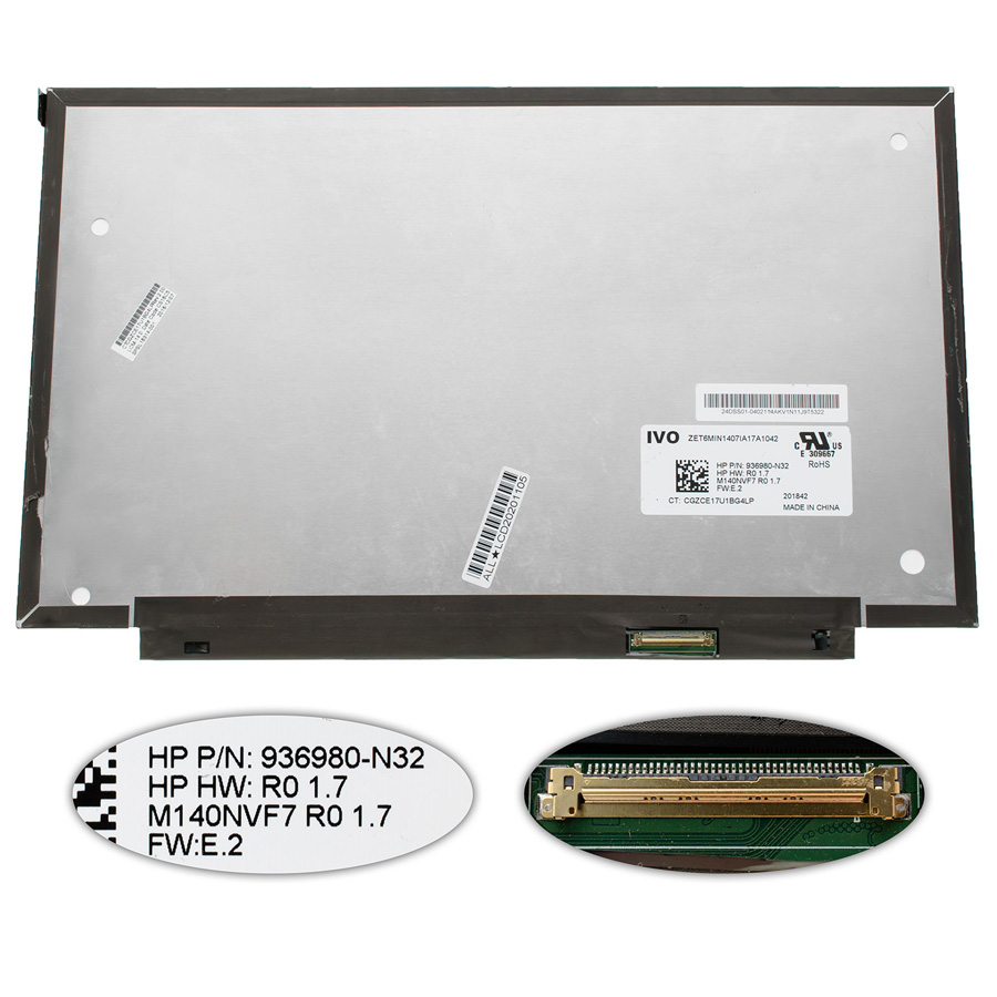 Матриця 14.0 M140NVF7 R0 (1920*1080, 40pin(eDP, IPS, 120HZ), LED, SLIM (без планок та вушок), матова, роз`єм праворуч знизу, для HP EliteBook 1040 G4) для ноутбука