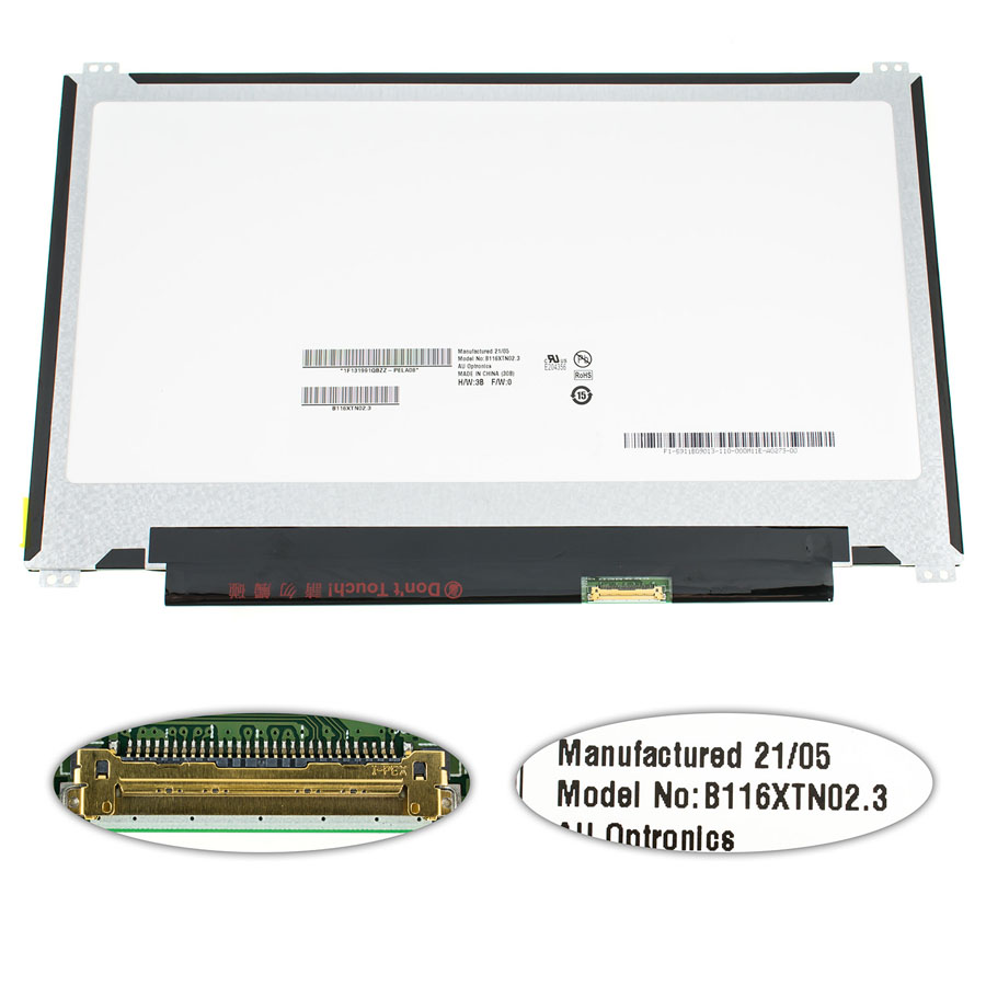 Матриця 11.6 B116XTN02.3 (1366*768, 30pin(eDP), LED, SLIM(вертикальні вушки по краях), матова, роз`єм праворуч знизу) для ноутбука (renew)