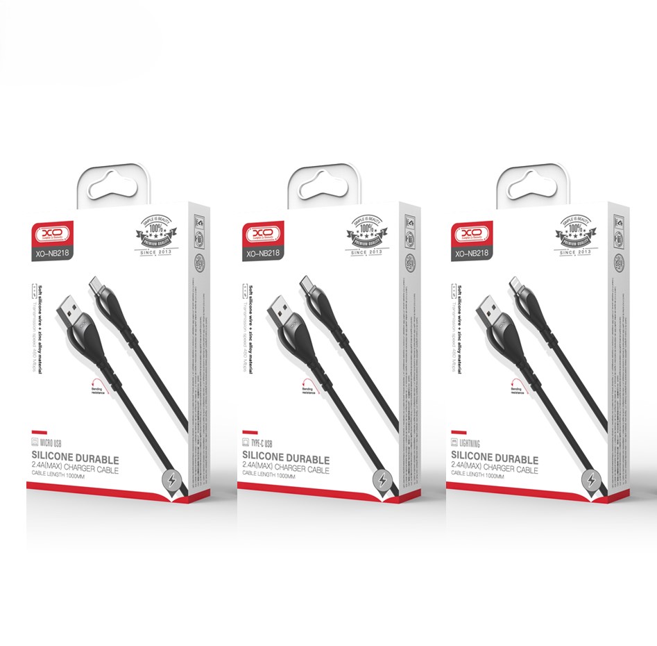 USB кабель XO Lightning (NB218) Zink Alloy/Anti-Breakage/2.4A/1m чорний